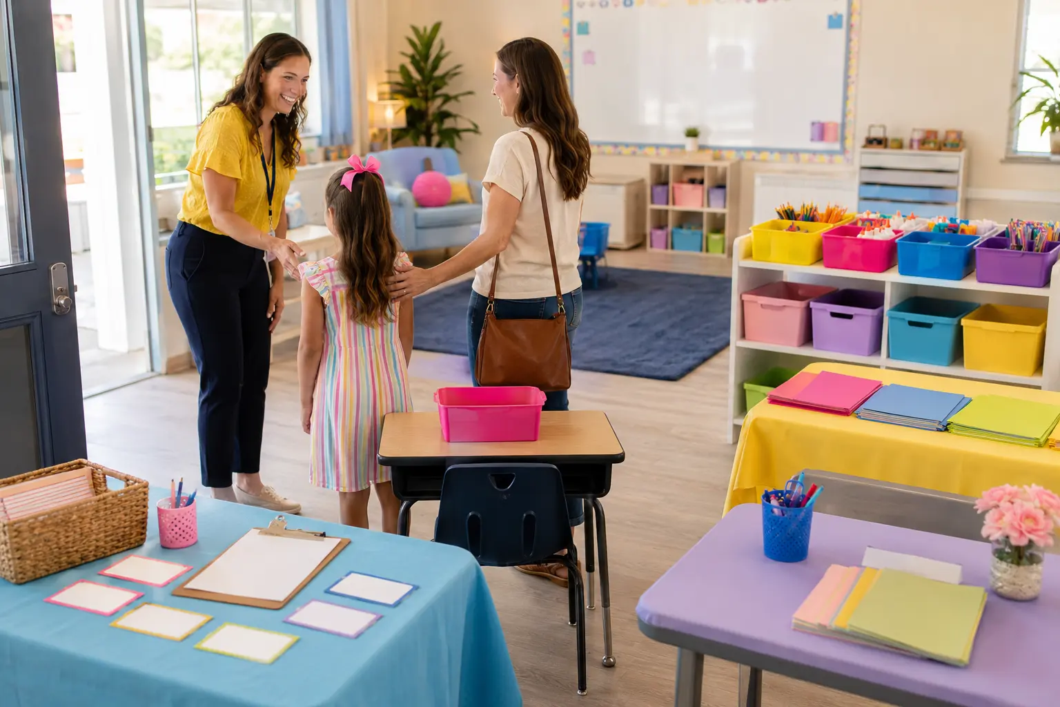 Teacher welcoming a family in an organized classroom with five Meet the Teacher stations