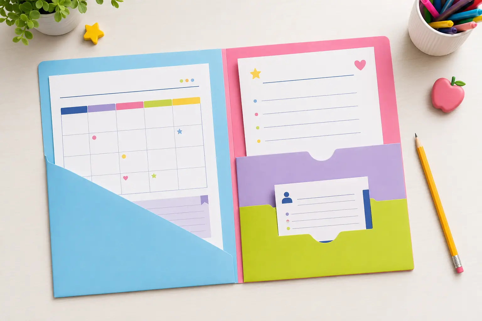 Organized parent communication folder with school papers and contact information