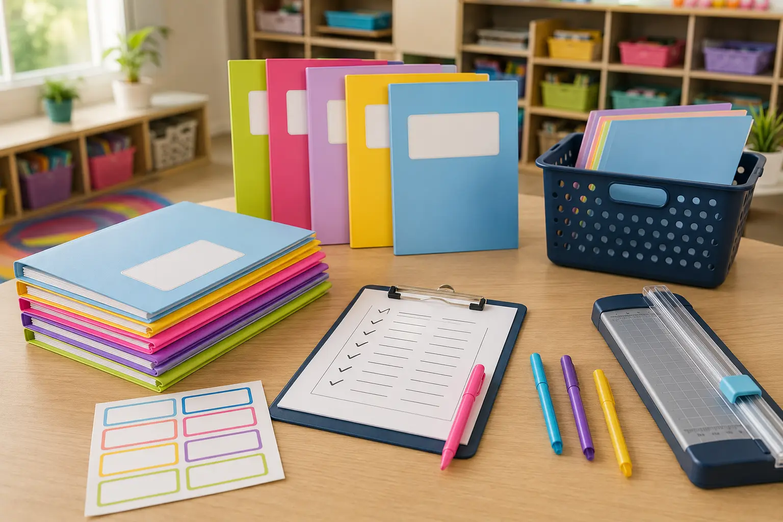 Colorful take-home folders, labels, and a classroom setup checklist on a teacher table