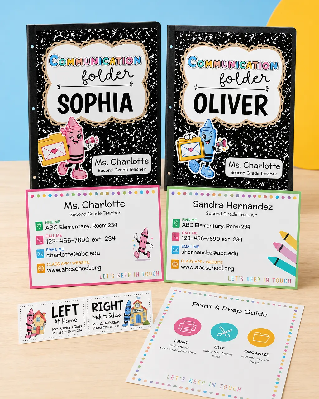 Free Teacher Contact Kit with communication folder covers, teacher contact cards, pocket labels, and a print and prep guide